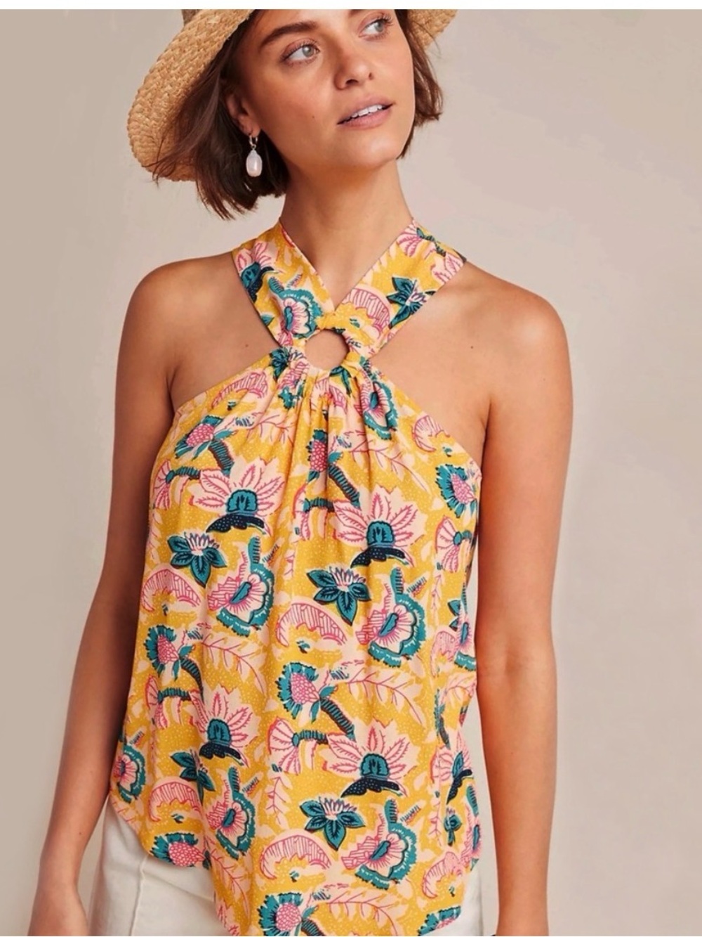 Anthropologie Yellow Floral Halter-Cami with Front Ring